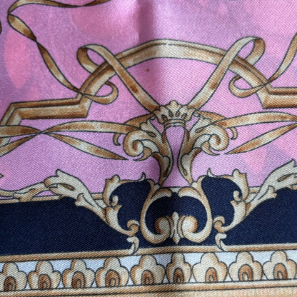 Pink, Navy Blue and Gold Heraldic Style Large Square Vintage Scarf. Great Gift idea