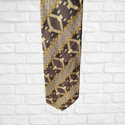 Brown, Gold and Orange Silk Geometric Print Vintage Tie by Celine Paris. Great Gift Idea