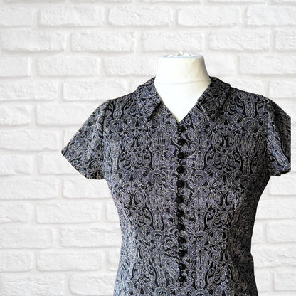 Vintage 1960s Black Button Down Party Dress with Silver Art Deco Sparkle .Approx UK size 12-14