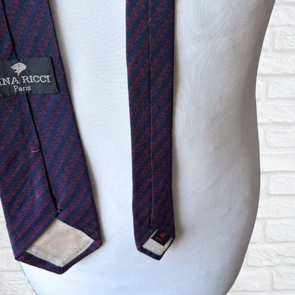 Navy Blue and Red Bird Print Nina Ricci Silk Vintage Tie