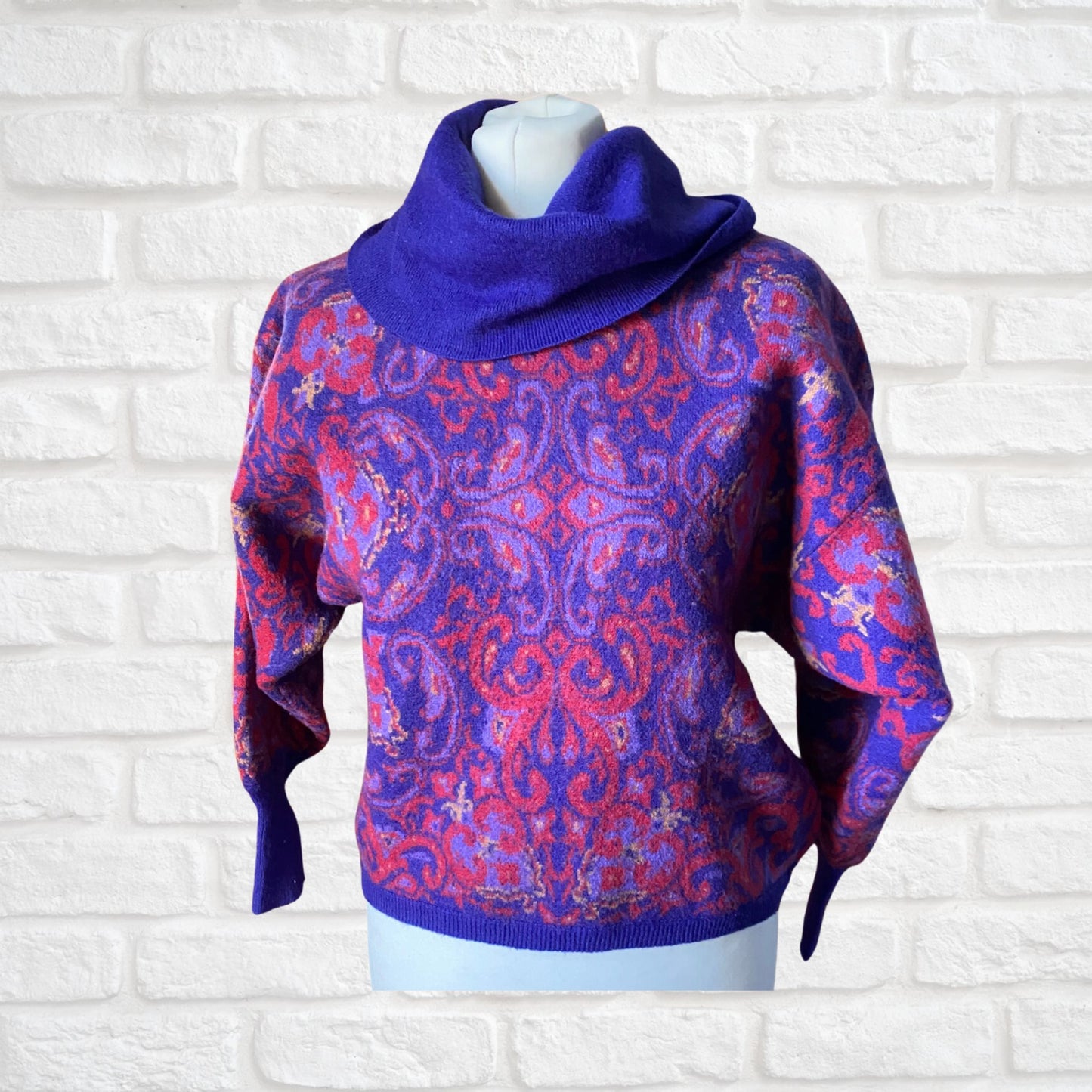 Vintage 80s Purple Abstract Print Roll Neck Jumper. Approx UK size 10-14