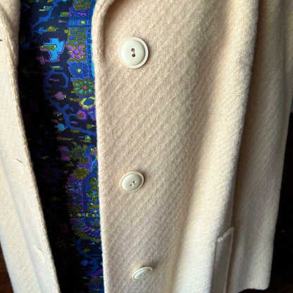Close-up of a beige coat buttons 