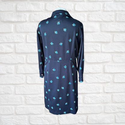70s Black Floral Print Long Sleeved Dress with a Dagger Collar. Approx UK size 14-16