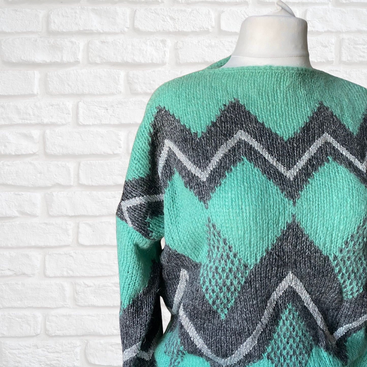 80s green, grey and silver geometric patterned mohair blend jumper . Approx UK size 14-20