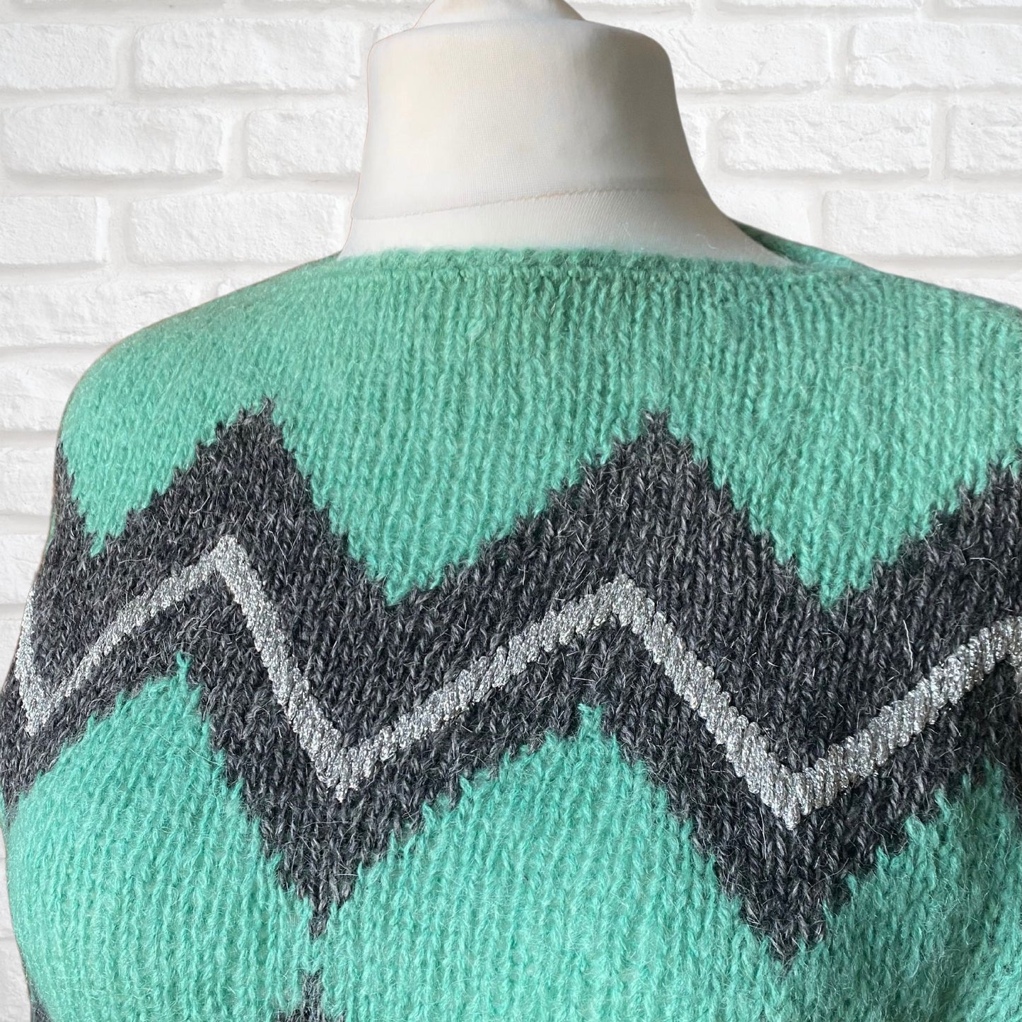 80s green, grey and silver geometric patterned mohair blend jumper . Approx UK size 14-20