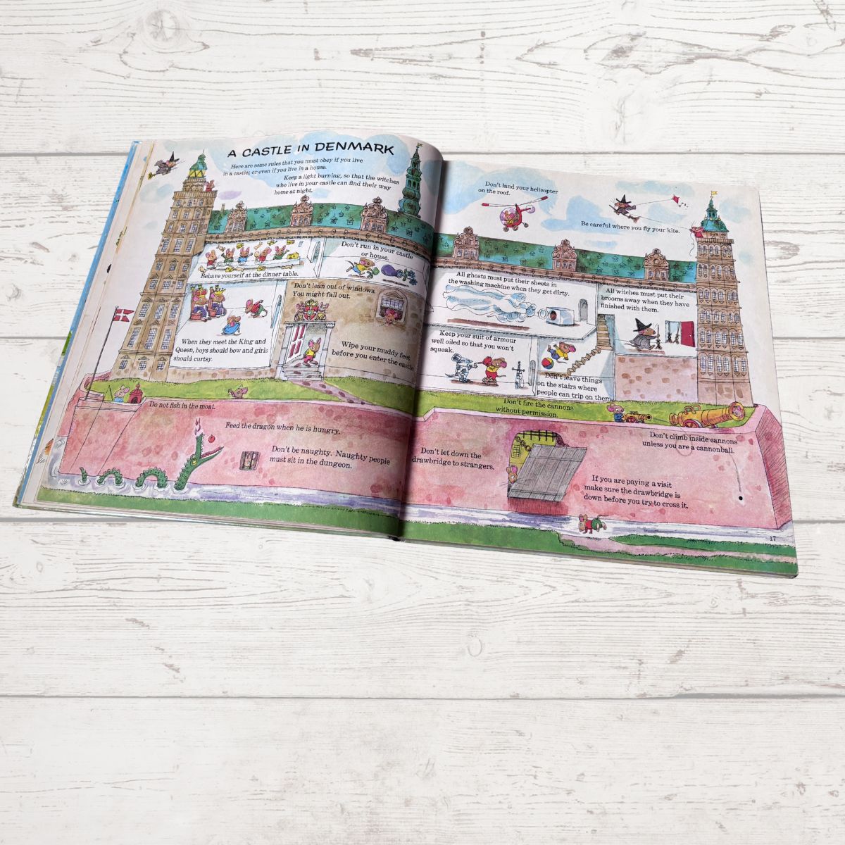 Open book with illustrations of a castle in Denmark on a wooden surface