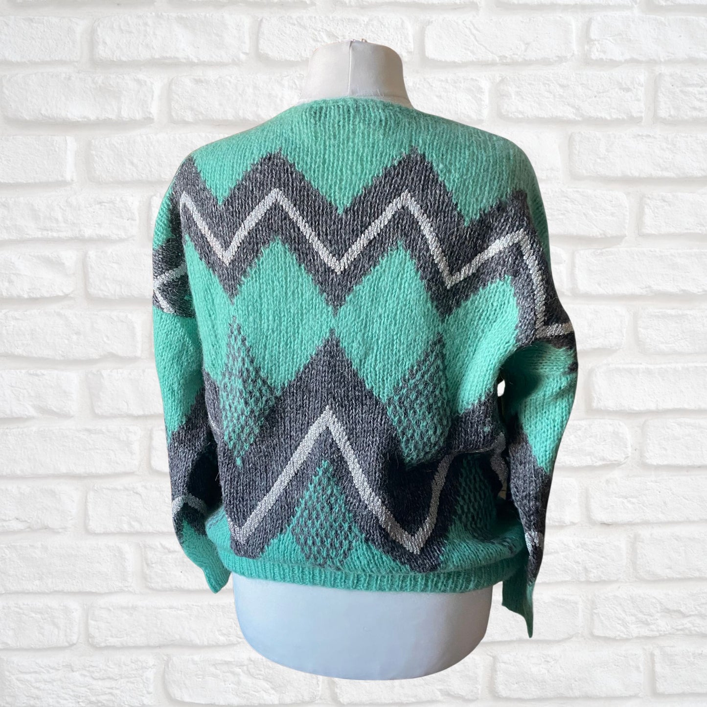 80s green, grey and silver geometric patterned mohair blend jumper . Approx UK size 14-20