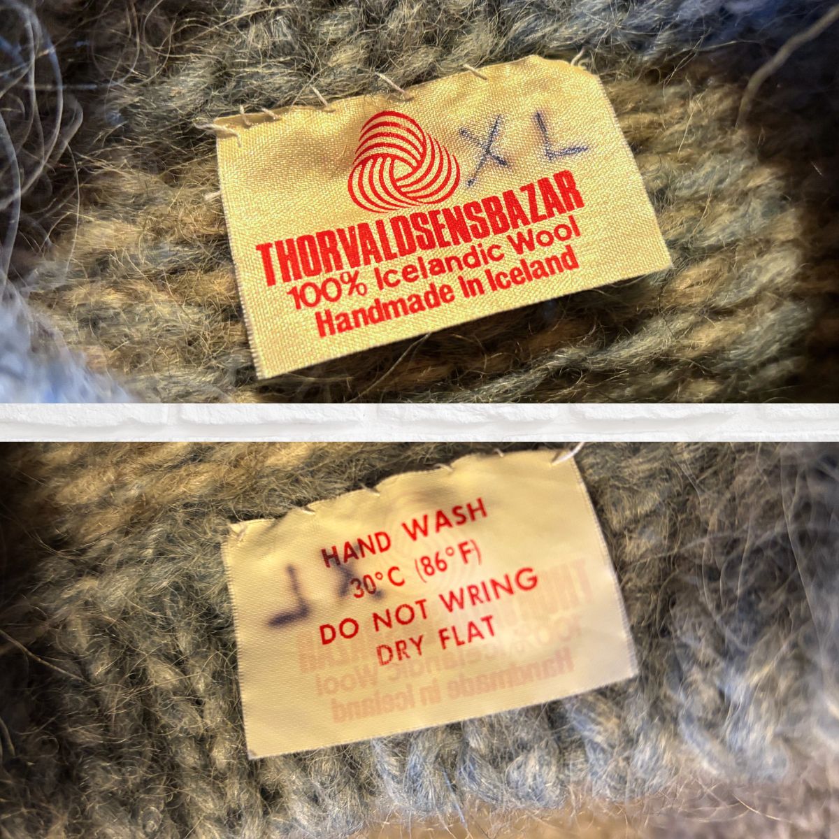 Close up of Icelandic wool jumper label 