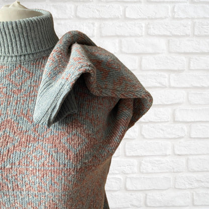 Vintage 80s Pale Blue and Pink Roll Neck Jumper. Approx UK size 18-22