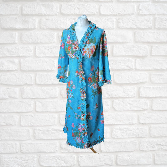 70s Blue Floral Handmade Made Vintage Dressing Gown with Ruffle Detailing. Approx UK Size 8