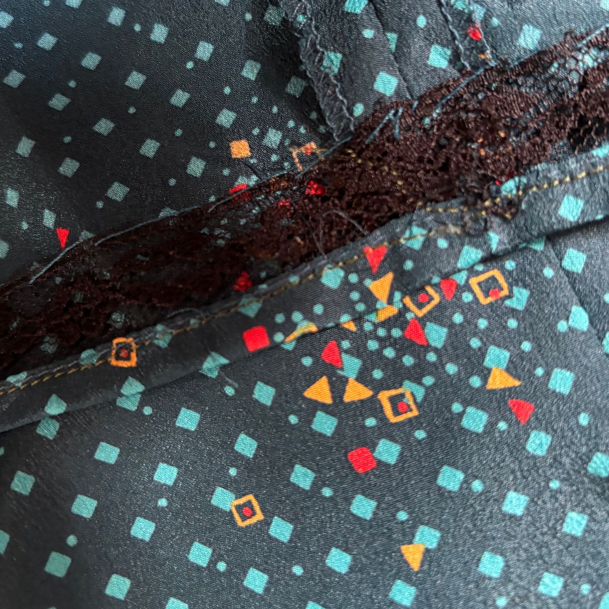 70s Vintage Teal Prairie Midi Dress with Red and Yellow Geometric by Leslie Fay. Approx UK size 14-16