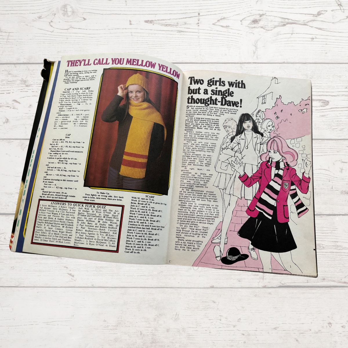Vintage Diana Annual 1975 open on a white wood background 