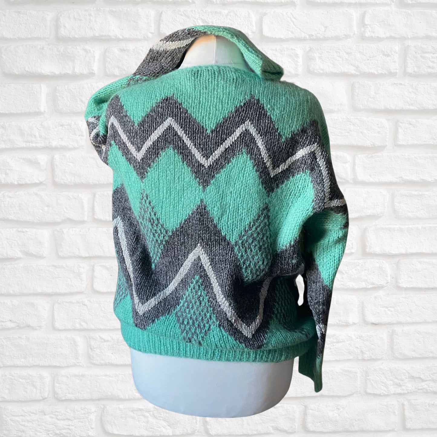 80s green, grey and silver geometric patterned mohair blend jumper . Approx UK size 14-20