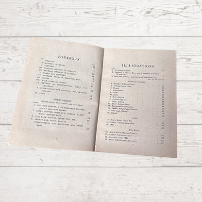 Open book showing contents and illustrations on a wooden surface