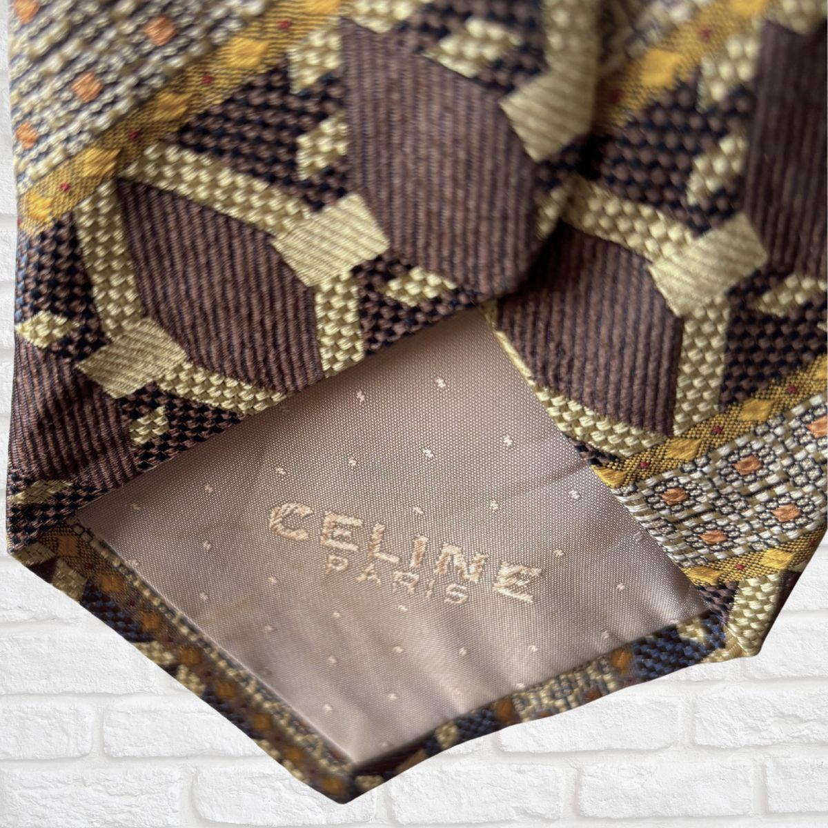 Brown, Gold and Orange Silk Geometric Print Vintage Tie by Celine Paris. Great Gift Idea