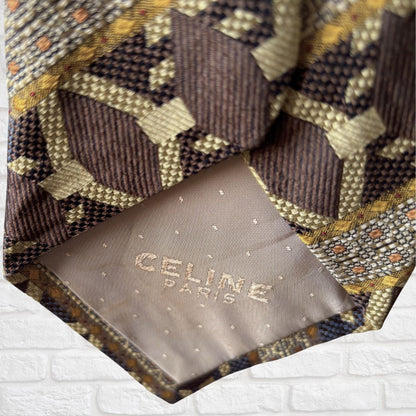 Brown, Gold and Orange Silk Geometric Print Vintage Tie by Celine Paris. Great Gift Idea