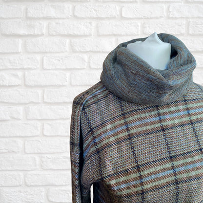 Vintage Brown, Blue, Black, White and Green Checked Cowl Neck Jumper. Approx UK size 6- 10
