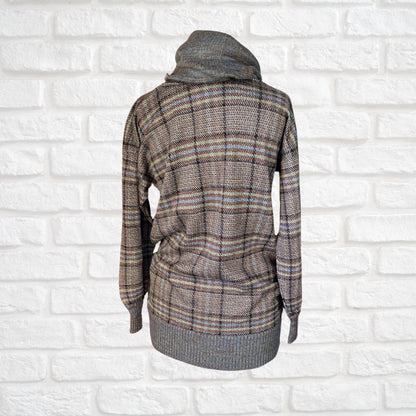 Vintage Brown, Blue, Black, White and Green Checked Cowl Neck Jumper. Approx UK size 6- 10