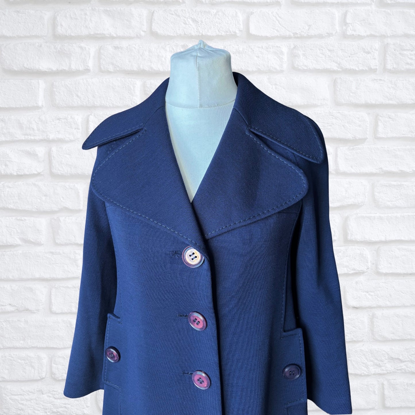 60s Navy Blue Mod Style A-Line Vintage Coat. Approx UK size 10-12