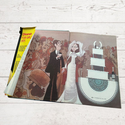 Vintage Diana Annual 1975/ inside front cover  on a white wood background 