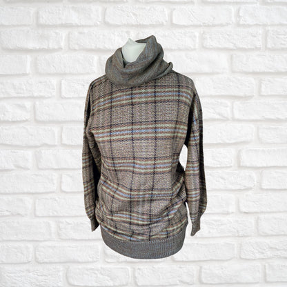 Vintage Brown, Blue, Black, White and Green Checked Cowl Neck Jumper. Approx UK size 6- 10