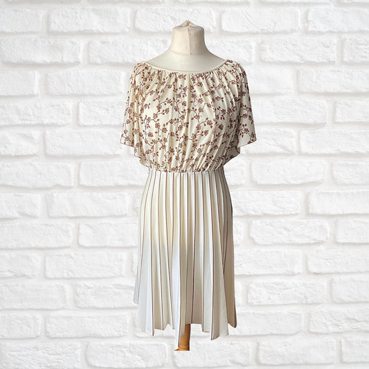 Vintage 1970s  Cream & Brown Midi Dress with Floral Bodice and Angel Sleeves.Approx U. K. size 10 -12