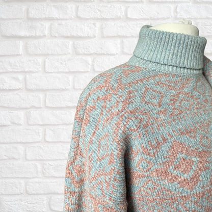Vintage 80s Pale Blue and Pink Roll Neck Jumper. Approx UK size 18-22