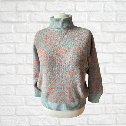 Vintage 80s Pale Blue and Pink Roll Neck Jumper. Approx UK size 18-22