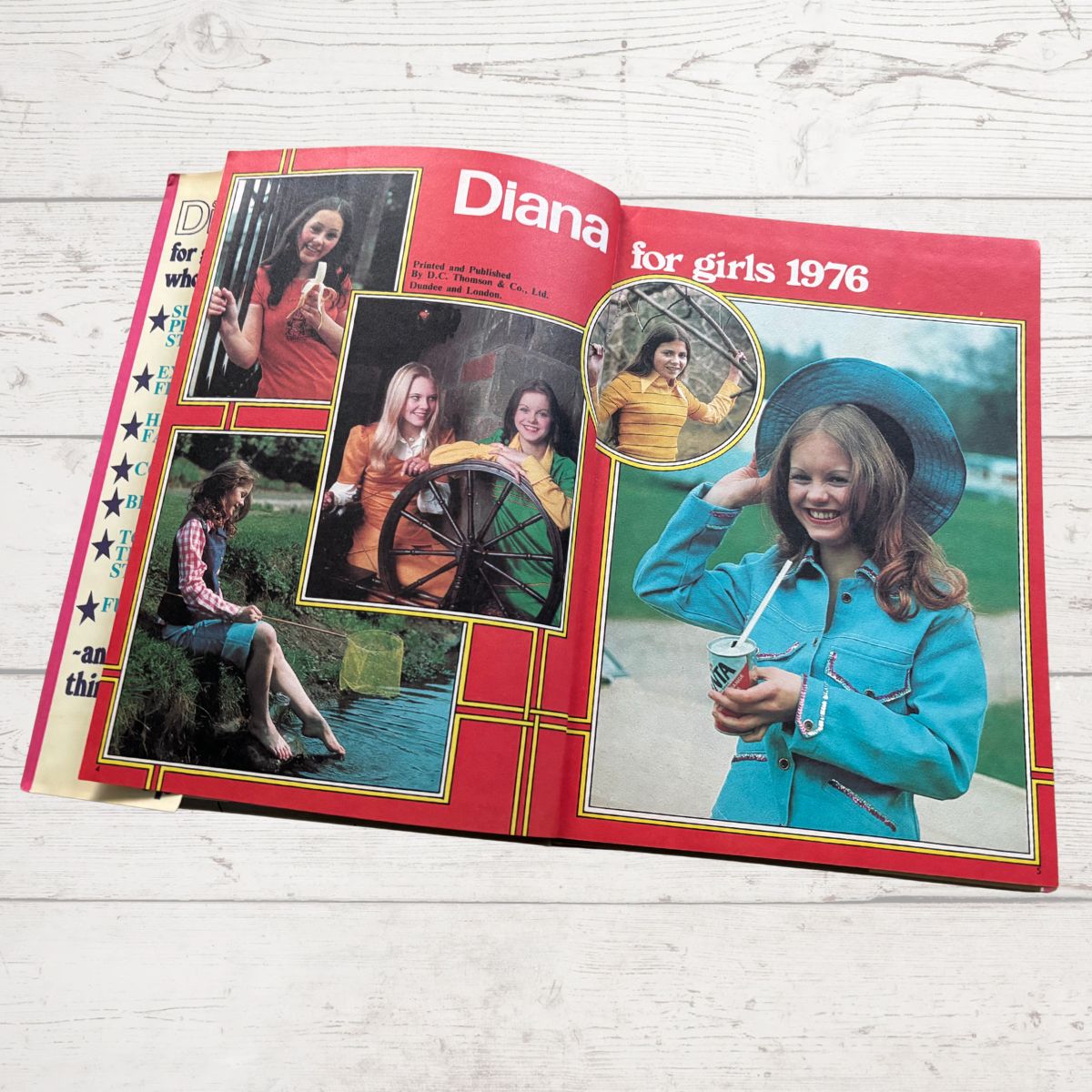 Vintage Diana annual 1976 open on a white wood background 