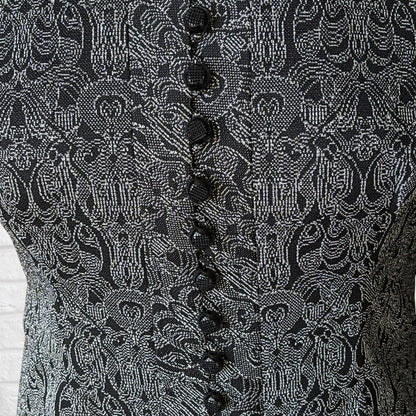 Vintage 1960s Black Button Down Party Dress with Silver Art Deco Sparkle .Approx UK size 12-14