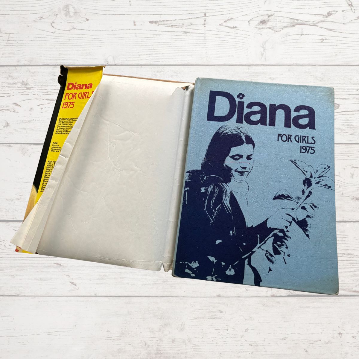 Vintage Diana Annual 1975 on a white wood background 