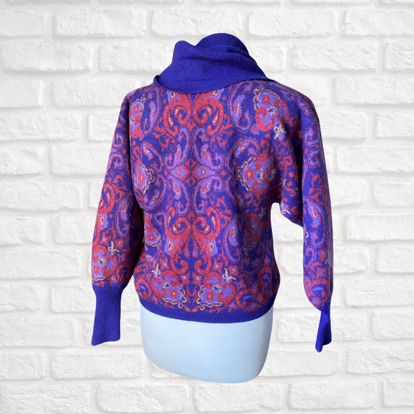 Vintage 80s Purple Abstract Print Roll Neck Jumper. Approx UK size 10-14