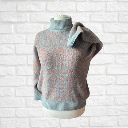 Vintage 80s Pale Blue and Pink Roll Neck Jumper. Approx UK size 18-22