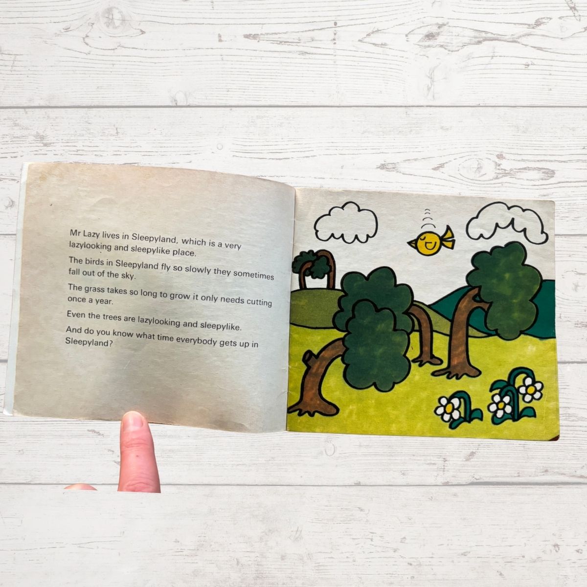 A cartoon picture of sleeping trees and flowers 