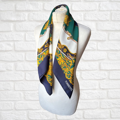 Stylish Blue, White, Gold and Green Equestrian Style Square Vintage Scarf. Great Gift idea