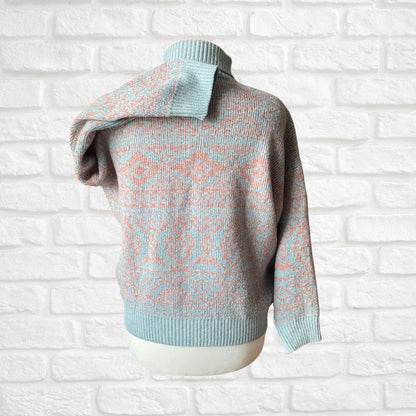 Vintage 80s Pale Blue and Pink Roll Neck Jumper. Approx UK size 18-22