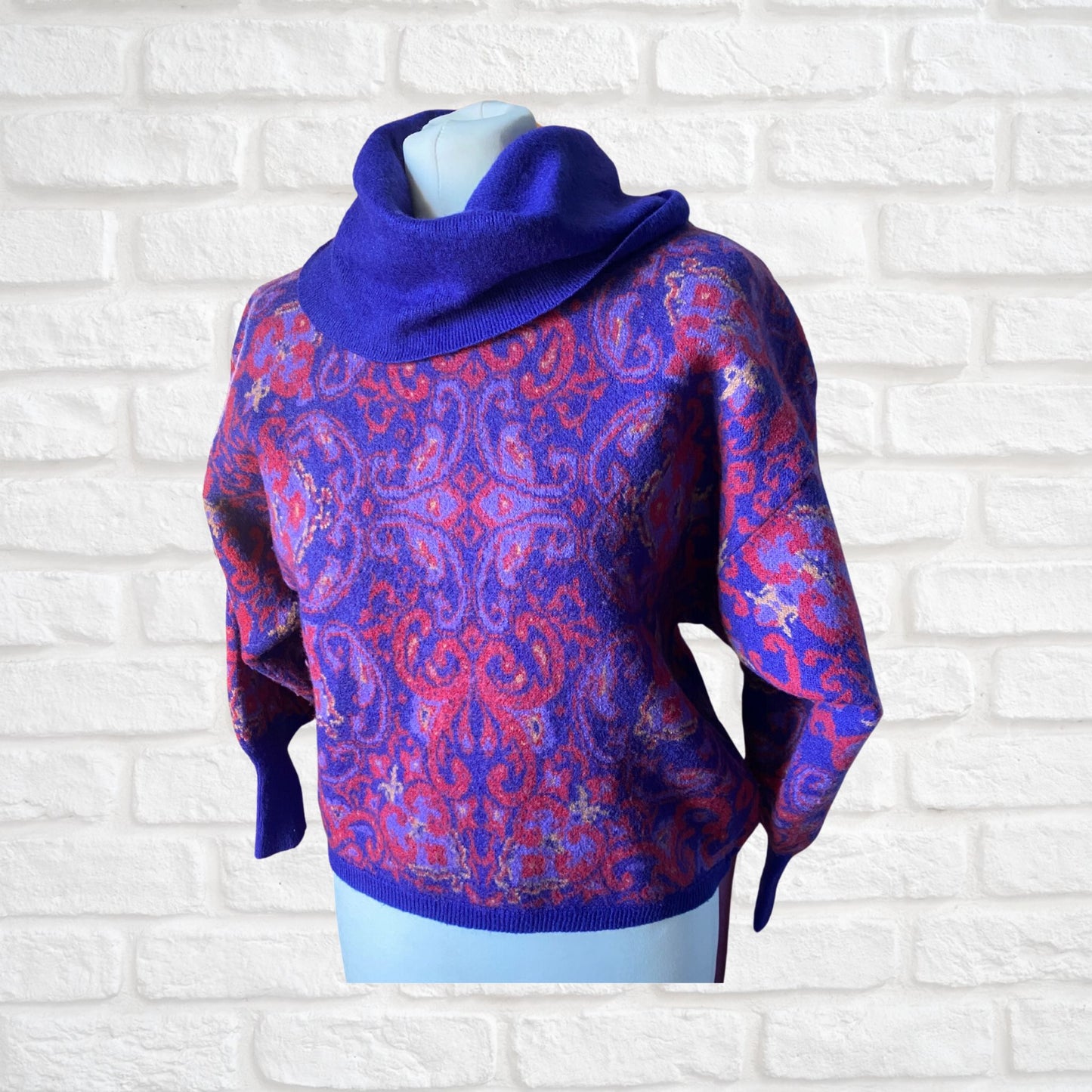 Vintage 80s Purple Abstract Print Roll Neck Jumper. Approx UK size 10-14