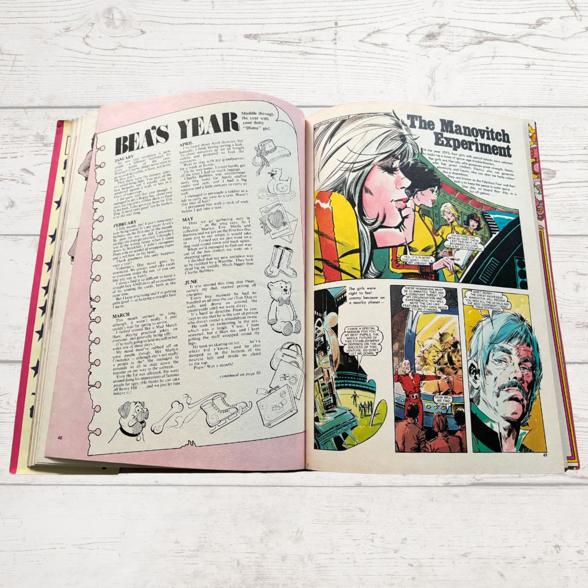 Vintage Diana annual 1976 open on a white wood background 