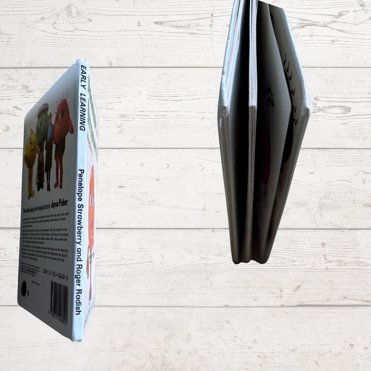 Book close up and colorful illustrations on a light wooden surface