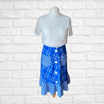 Vintage blue and white rockabilly style button down checked skirt. Approx UK size 18