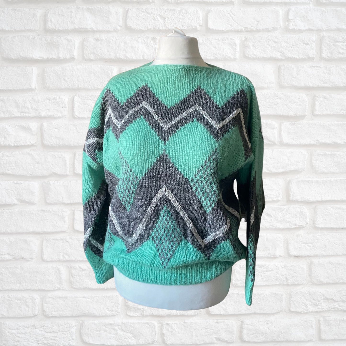 80s green, grey and silver geometric patterned mohair blend jumper . Approx UK size 14-20