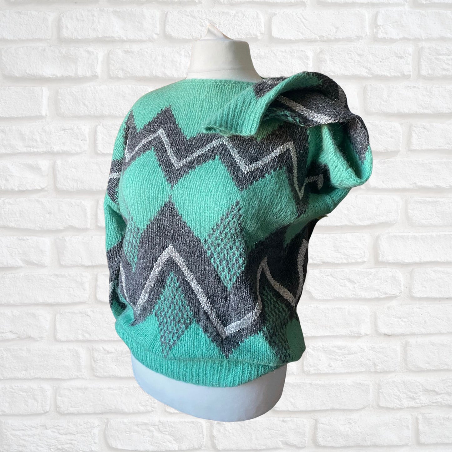 80s green, grey and silver geometric patterned mohair blend jumper . Approx UK size 14-20