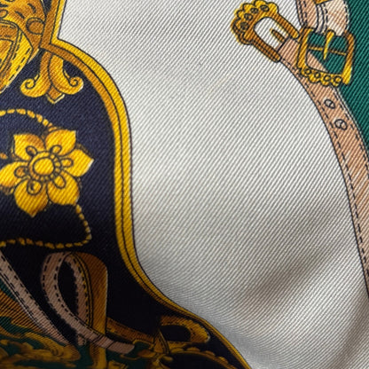 Stylish Blue, White, Gold and Green Equestrian Style Square Vintage Scarf. Great Gift idea