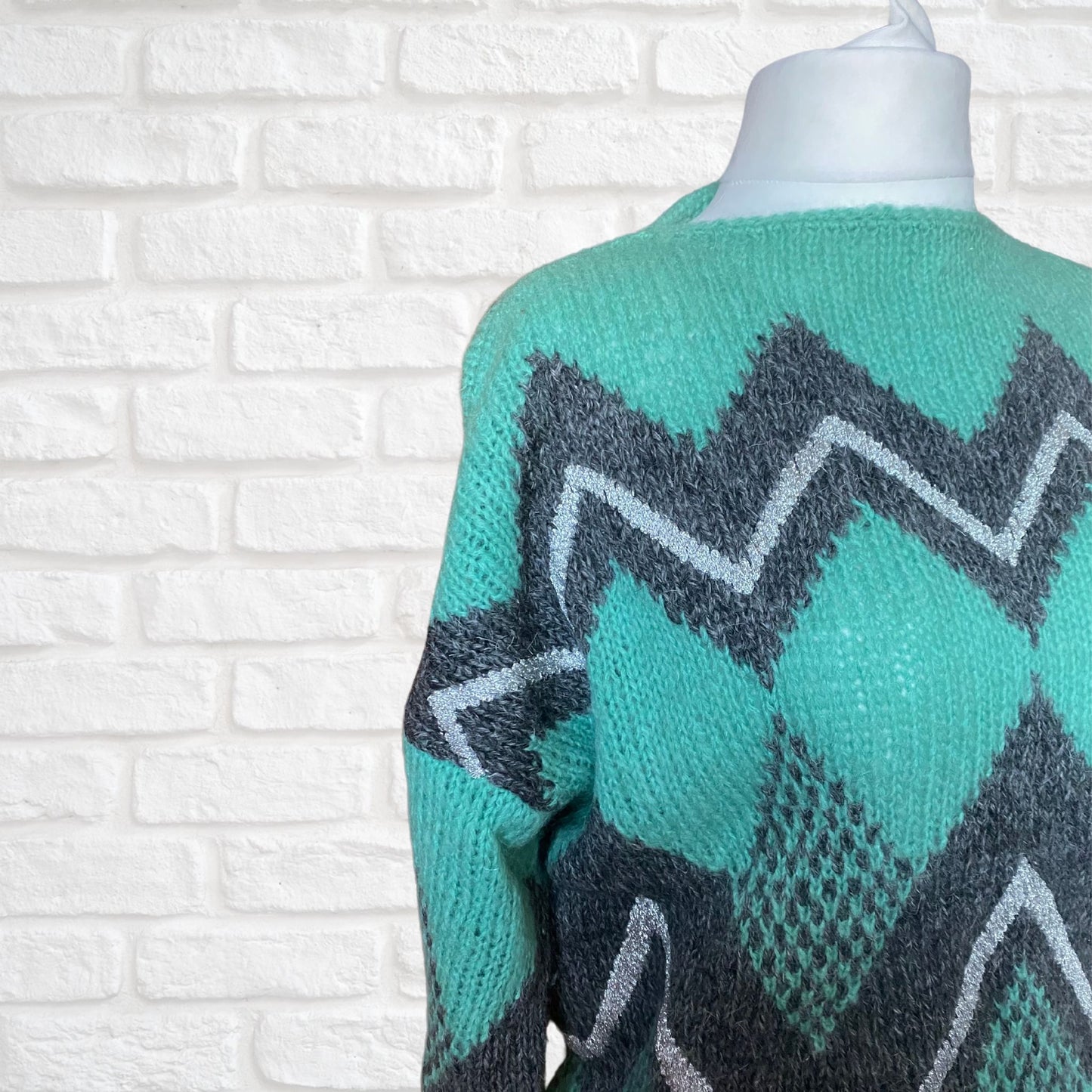 80s green, grey and silver geometric patterned mohair blend jumper . Approx UK size 14-20