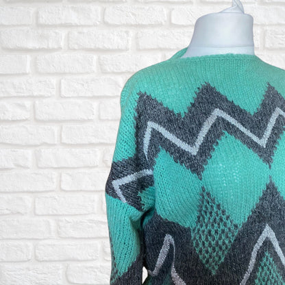 80s green, grey and silver geometric patterned mohair blend jumper . Approx UK size 14-20