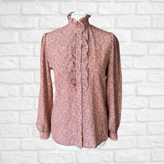 Pretty Pink Floral Print 80s Vintage Blouse with Frill Detail. Approx UK size 10-12