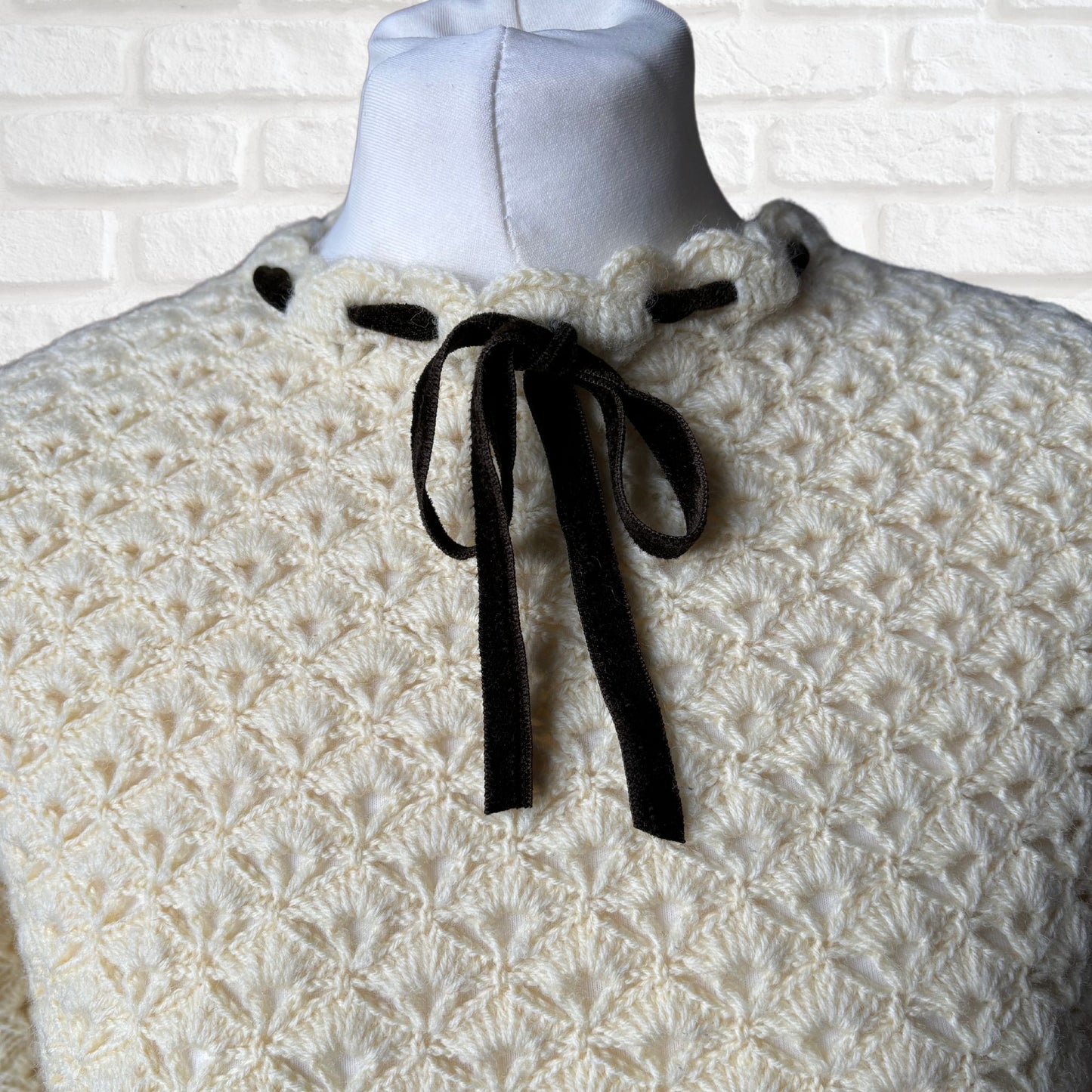 Vintage 60s Cream Crochet Mini Dress with Velvet Ribbon Detailing. Approx U.K. size 8 -10