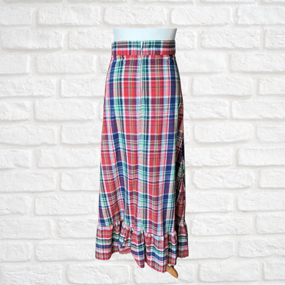 1970s Red, White, Blue and Green Checked Vintage Maxi Skirt . Approx UK size 8-10