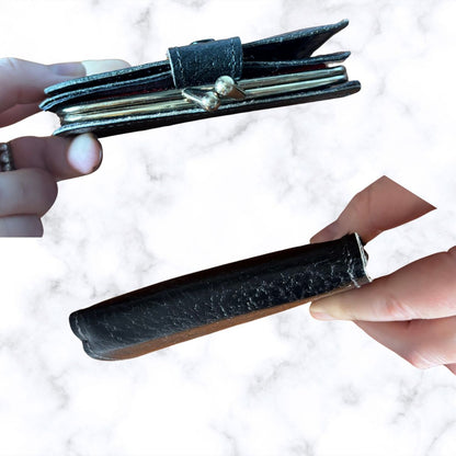 Vintage Textured Black Leather Clasp Top Purse/Wallet with Red Tartan Insert  - Stylish and Practical