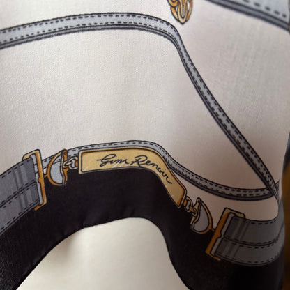 Black, White, Grey, Gold and Red Equestrian Style Square Vintage Scarf by Gim Renoir. Great Gift Idea